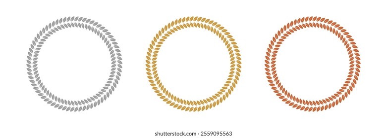 Gold, silver, bronze laurel wreaths. Winner medal award set vector illustration. Victory symbol, triumph emblem, champion prize isolated on transparent background.