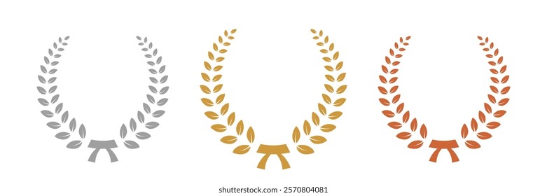 Gold, silver, bronze laurel wreaths. Winner medal award set vector illustration. Victory symbol, triumph emblem, champion prize isolated on transparent background.