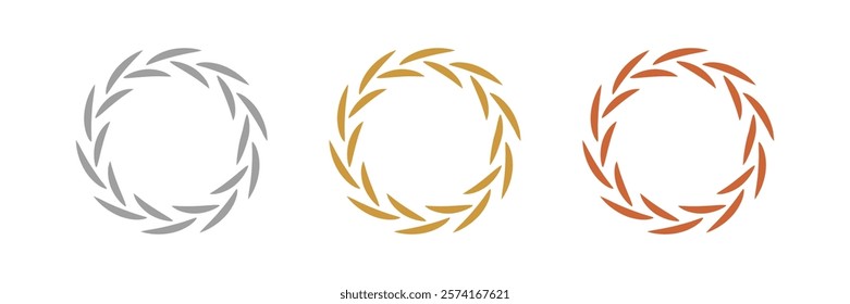 Gold, silver, bronze laurel wreaths. Winner medal award set vector illustration. Victory symbol, triumph emblem, champion prize isolated on transparent background.