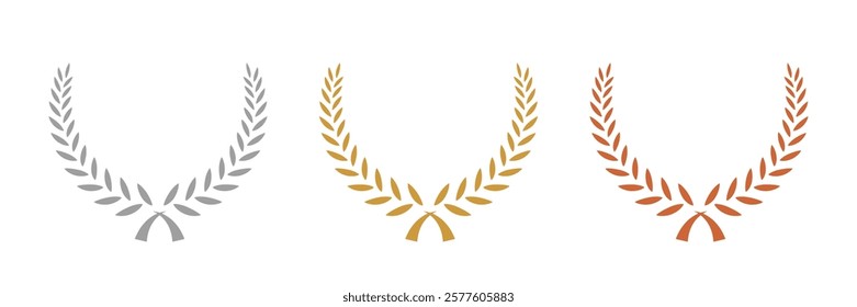 Gold, silver, bronze laurel wreaths. Winner medal award set vector illustration. Victory symbol, triumph emblem, champion prize isolated on transparent.