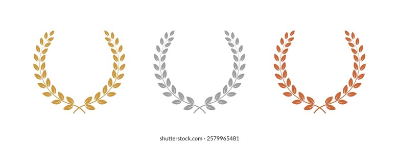 Gold, silver, bronze laurel wreaths. Winner medal award set vector illustration. Victory symbol, triumph emblem, champion prize isolated on transparent background.