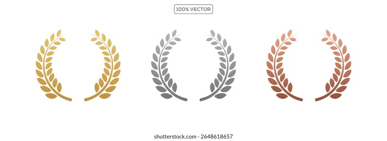 Gold, silver, bronze laurel wreaths. Winner medal award set vector illustration. Victory symbol template