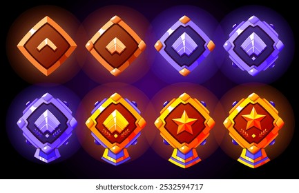 Gold, silver, bronze level rank badges set. Yellow, blue and red colors. Military rank patent for games. Realistic vector with stars and ribbon.