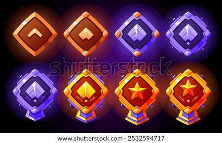 Gold, silver, bronze level rank badges set. Yellow, blue and red colors. Military rank patent for games. Realistic vector with stars and ribbon.