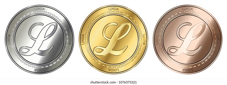 Gold, silver and bronze Linda (LINDA) cryptocurrency coin. Linda (LINDA) coin set.