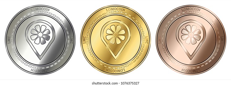 Gold, silver and bronze LoMoCoin (LMC) cryptocurrency coin. LoMoCoin (LMC) coin set.