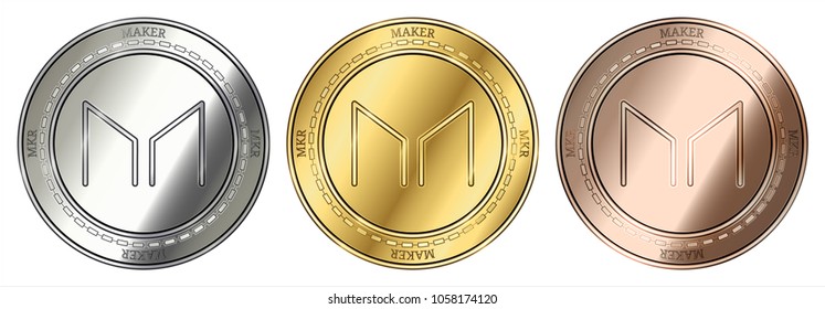 Gold, silver and bronze Maker (MKR) cryptocurrency coin. Maker (MKR) coin set.
