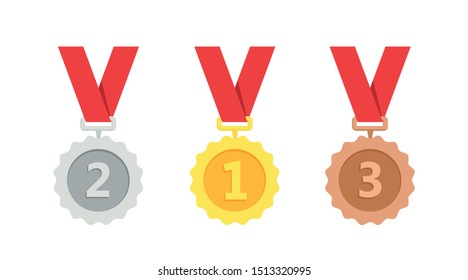 Gold, Silver, Bronze Medal. 1st, 2nd And 3rd Places. Trophy With Red Ribbon. Flat Style - Stock Vector.