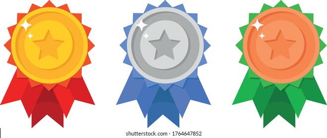  Gold, silver, bronze medal. 1st, 2nd and 3rd places. Trophy with red ribbon. Flat style - stock vector.