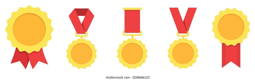 Gold, silver, bronze medal. 1st, 2nd and 3rd places. Trophy with red ribbon. Flat style - stock vector.