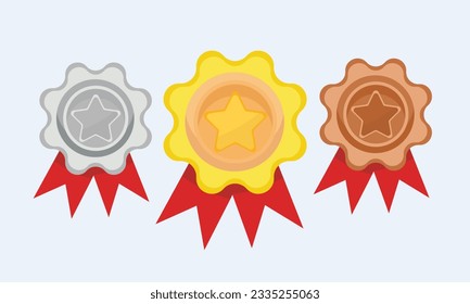 Gold, silver, bronze medal. 1st, 2nd and 3rd place. Trophy with red ribbon.on white background.Vector Design Illustration.