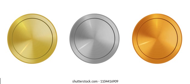 Gold, silver, bronze medal abstract texture isolated set. Brushed, polished surface metal textured for design concepts, web, print, poster, interfaces, applications. Metallic vector illustration.