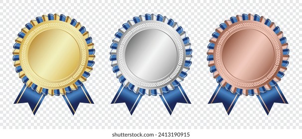 Gold, silver, and bronze medal. Award with ribbon. Realistic medal set. Prizes for winner. Medal vector set