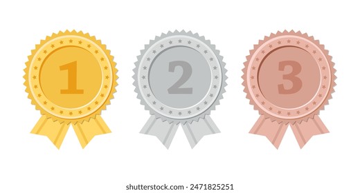 Medallas de oro, plata y bronce con cintas. Diseño de Vector.