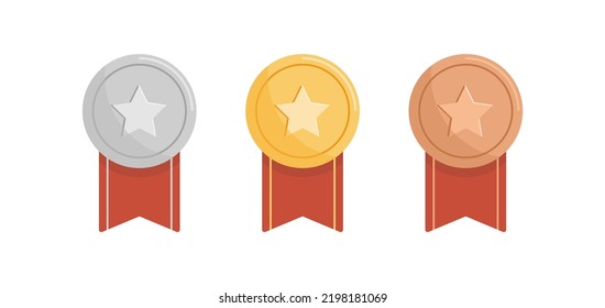 Gold, silver, bronze medal badge and trophy with red ribbon flat vector illustration.