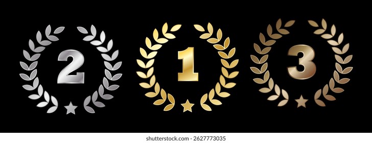 Gold Silver Bronze Medal Badge with Laurel Wreath and Numbers 1 2 3 for Winner Ranking or Competition Award Design