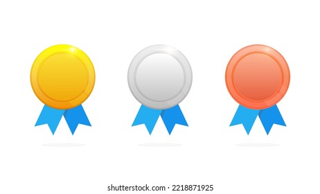 Gold, silver and bronze medal with blue ribbon flat vector icons for sports apps and websites