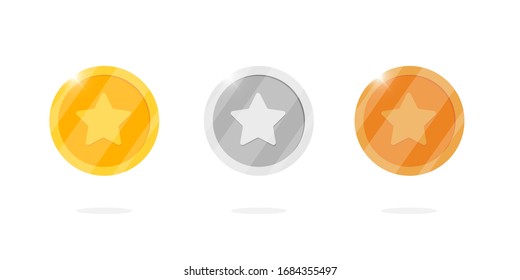 Gold Silver Bronze Medal Coin Set With Star For Video Game Or Apps Animation. Bingo Jackpot Casino Poker Win Elements. Cash Treasure Concept Isolated Flat Eps Vector Illustration