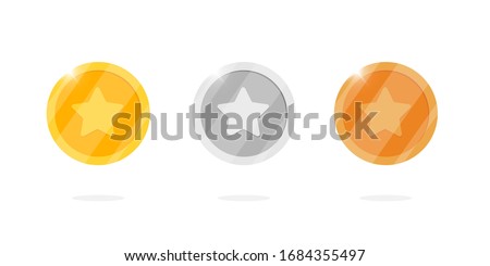 Gold silver bronze medal coin set with star for video game or apps animation. Bingo jackpot casino poker win elements. Cash treasure concept isolated flat eps vector illustration Stock photo © 