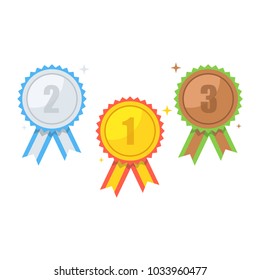 Gold, silver, bronze medal for first place. Trophy, award for winner isolated on white background. Achievement, victory concept. Flat cartoon style. Vector illustration.