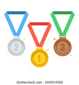 Gold, silver, bronze medal for first place. Trophy, award for winner isolated on white background. Achievement, victory concept. Flat cartoon style. Vector illustration.