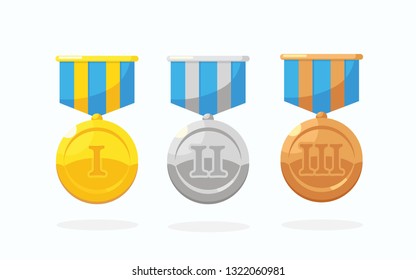 Gold, silver, bronze medal for first place. Trophy, award for winner isolated on whit background. Set of golden badge with ribbon. Achievement, victory. Vector cartoon illustration Flat design