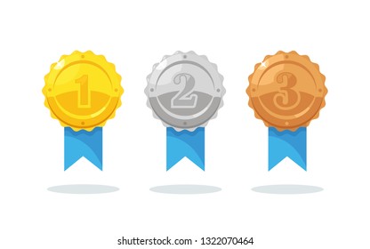 Gold, silver, bronze medal for first place. Trophy, award for winner isolated on whit background. Set of golden badge with ribbon. Achievement, victory. Vector cartoon illustration Flat design