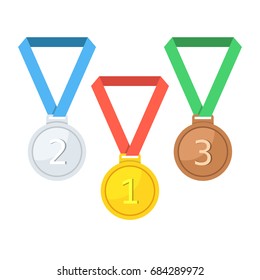 Gold, silver, bronze medal for first place. Trophy, award for winner isolated on white background. Achievement, victory concept. Flat cartoon style. Vector illustration.
