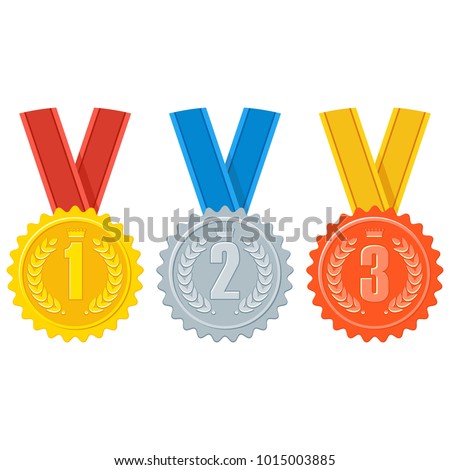 Gold, silver and bronze medal for first, second and third place in competition. Achievement sign, symbols of success and victory. Business award and sports prize. Flat vector cartoon objects.