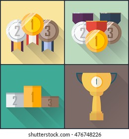 Gold, silver, bronze medal in flat icons set with long shadow
