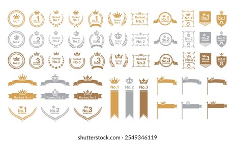 Colección del marco de la medalla de oro, plata y bronce: Diseños de corona, cinta, laurel y estrella para los premios del 1er, 2do y 3er lugar. Vector.