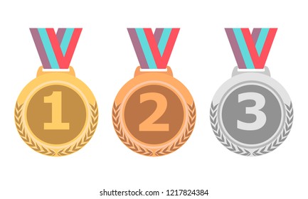 Gold, silver and bronze medal icon set. Sport game award coin. Vector medals isolated on white background