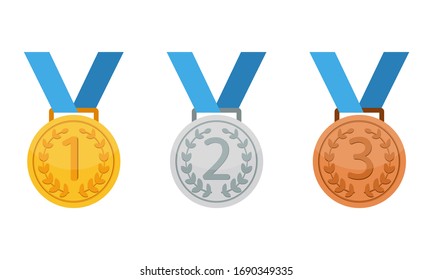Gold, silver and bronze medal icon set. First, second and third place or award medals icon flat in modern colour design concept on isolated white background. EPS 10 vector.