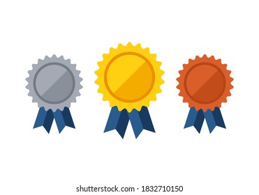 Gold, silver, bronze medal icon in flat style isolated on white background. 1st, 2nd and 3rd places. Trophy with blue ribbon. Vector illustration