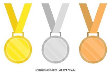 Gold, silver and bronze medal icon set with ribbon isolated on a white background. Medal icon set for competition, game, achievement. Vector illustration. Flat style.