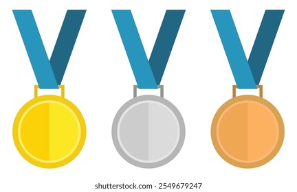 Gold, silver and bronze medal icon set with blue ribbon isolated on a white background. Medal icon set for competition, game, achievement. Vector illustration.