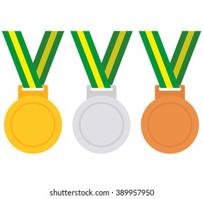 Gold, silver and bronze medal icon. Vector medal icon. Isolated medal icon on a white background. The tape in the Brazilian colors. Vector set