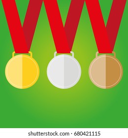 Gold, silver and bronze medal icon. Medal set. Vector set. Medal isolated on green background
