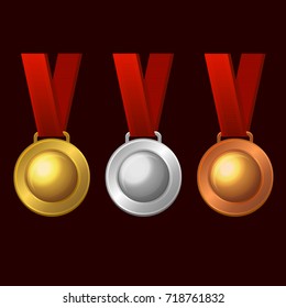 Gold, Silver and Bronze Medal Icon Set. Vector