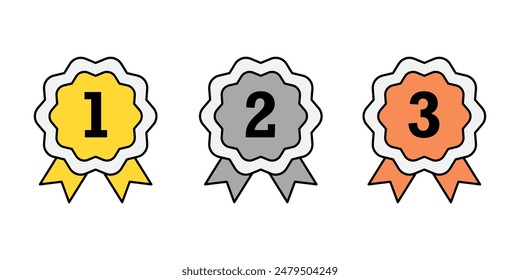 Gold, silver and bronze medal icons set, 1st 2nd 3rd symbol isolated background, winner flat simple infographics design template. Rosette award vector illustration.