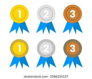 Gold, silver, and bronze medal icons for first, second, and third place. Winner award ribbons, competition badges, and ranking symbols. Flat vector illustration for tournaments and achievement.