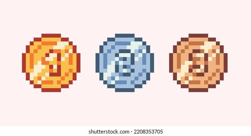 Gold, silver and bronze medal pixel art set. Winner trophy, prize emblem collection. 8 bit sprite. Game development, mobile app.  Isolated vector illustration.