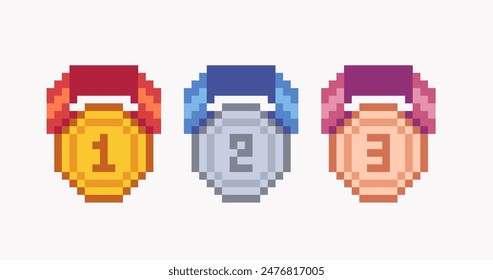 Gold, silver and bronze medal pixel art set. Winner trophy, prize emblem collection. 8 bit sprite. Game development, mobile app. Isolated vector illustration.