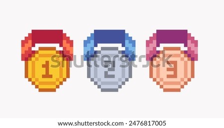 Gold, silver and bronze medal pixel art set. Winner trophy, prize emblem collection. 8 bit sprite. Game development, mobile app. Isolated vector illustration.