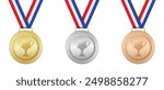 Gold, silver, and bronze medal. Realistic medal set. Prizes for winner. Award with ribbon. Reward isolated. Vector illustration