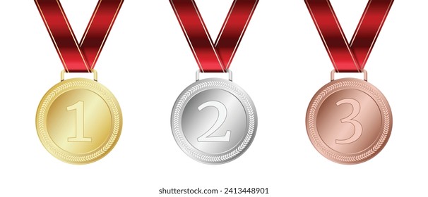 Gold, silver, and bronze medal. Realistic medal set. Prizes for winner. Award with ribbon. Medal vector set