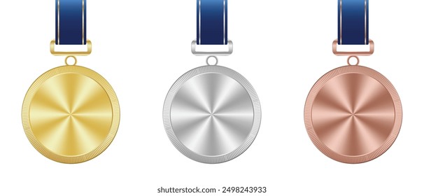 Gold, silver, and bronze medal. Realistic medal set. Prizes for winner. Award with ribbon. Reward isolated. Vector illustration