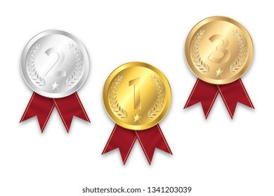 Gold, silver and bronze medal with red ribbon on the white background. Vector illustration.