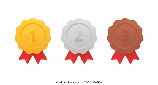Gold, silver, bronze medal with red ribbon. 1st, 2nd and 3rd places. Modern flat style vector illustration.