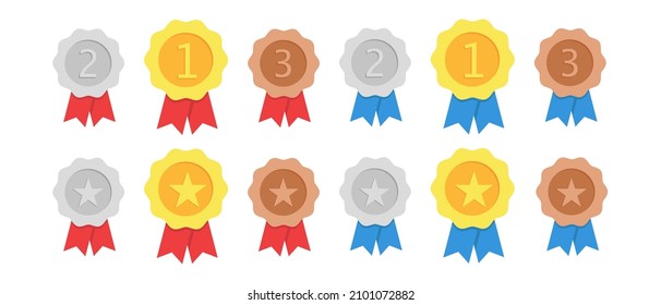 Gold, silver, bronze medal with red and blue ribbon. 1st, 2nd and 3rd places. Vector illustration